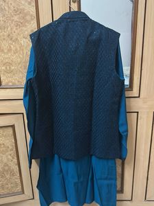 Teal Men’s Kurta Pyjama with Nehru Jacket Set