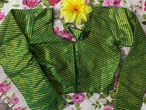 Green &amp; Gold Striped Saree Blouse