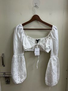 White Broderie Anglaise Tie-Front Crop Top