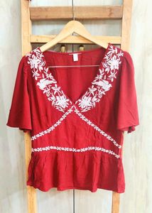 Red Embroidered Peplum Top Size-34