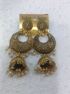Antique Gold Jhumka Earrings with Pearls