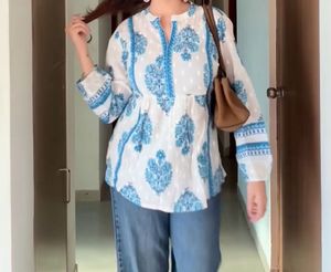 Elegant Blue & White Cotton Kurta