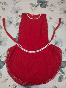 Red Lace Pearl Frock for kids