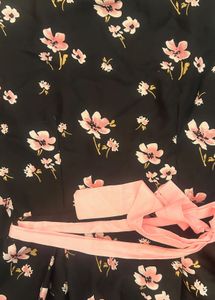 Charming Black Floral Dress with Pink Bow