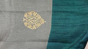 Elegant Metallic Grey Saree with Gold Motifs