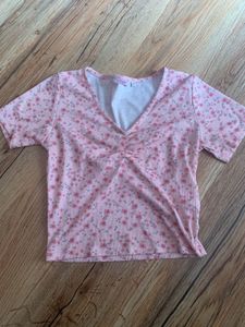 Pink Floral V-Neck Ruched Top