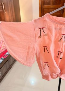 Peach Knot-Front Top with Minimal Embroidery