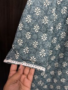 Green Printed Kurta with Lace Trim