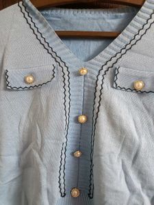 Cute Blue V-Neck Knit Korean Top