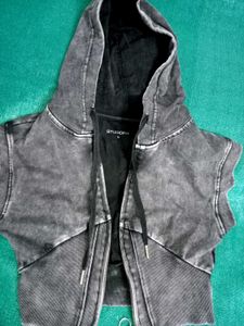 Gray Washed Cropped Zip-Up Hoodie