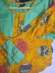 Vibrant Yellow &amp; Teal Printed Kurta