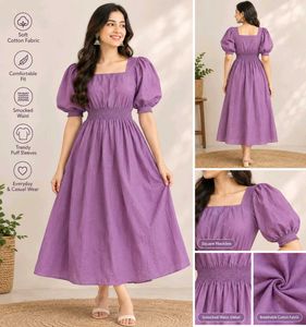 Chic Purple Puff Sleeve Midi Dress