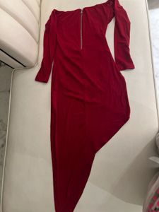 Red Off-Shoulder Ruched Asymmetrical Dress
