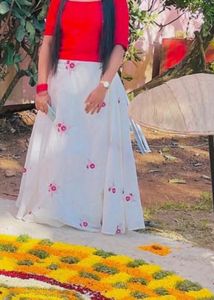 White and red  Floral Embroidered Ethnic Skirt