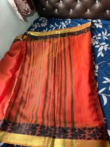 Orange &amp; Black cotton Saree with blouse