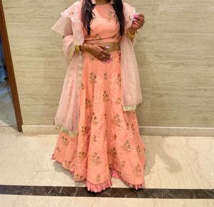 Peach Double layered Floral Lehenga Set
