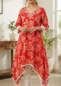 Red Floral Kurta with Embellished Neckline