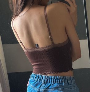 Brown Ribbed Lace Trim Cami Top