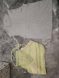 Knit Sleeveless Turtle Neck &amp; Crochet Halter Top