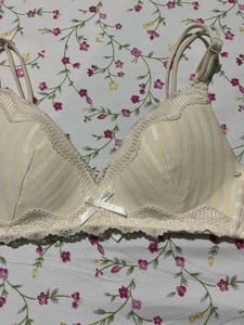 Cream Striped Lace Trim Bra