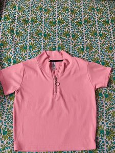 Pink Ribbed Zip Up Top