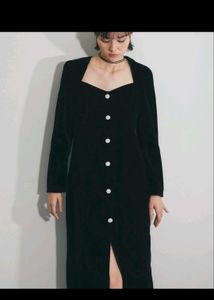Elegant Black Velvet Button Dress