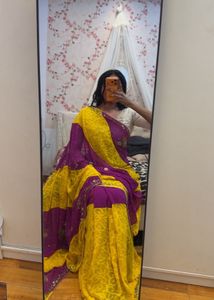 Vibrant Purple & Yellow Striped Saree