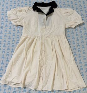 Cream Button-Up Puff Sleeve Dress