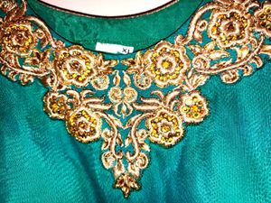 Teal &amp; Golden Peacock Green Anarkali Ethnic Gowns