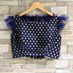 Navy Blue Polka Dot Blouse with Tulle Sleeves