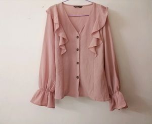 Korean Pink Shein Top With Long Puff Sleeves