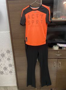 Orange Active Sport T-Shirt And Bell Bottom Leggin