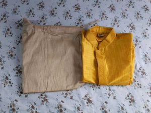 Manyavar Men's Yellow Kurta with Beige Pants