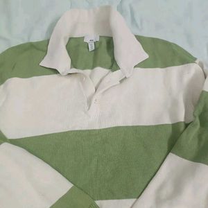 Green &amp; White Striped Collared Sweater
