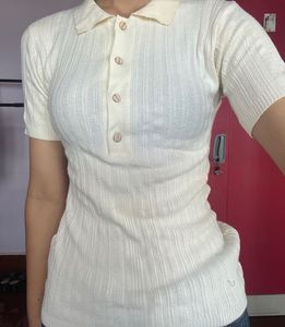 Cream Ribbed Polo Neck Top