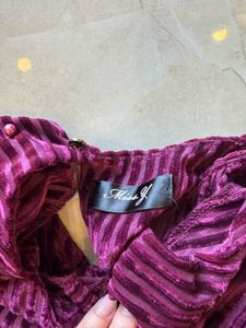 Velvet Maroon Striped Dress With Beads