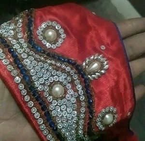 Red Color Blouse With Silver Work