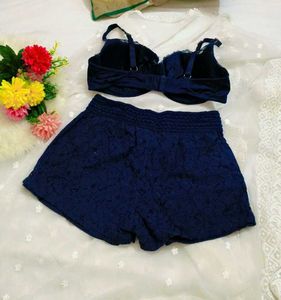 Elegant Blue Lace Trim Bra with shorts