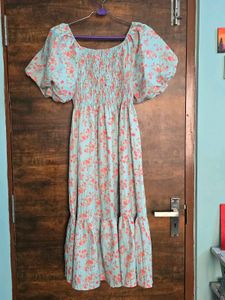 Blue Floral Smocked Midi Dress