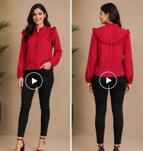 Chic Red Ruffle Detail Button-Up Shirt