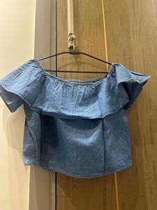 last price Blue Denim Off-Shoulder Ruffled Top