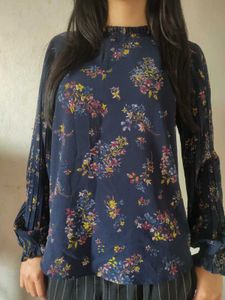 Navy Floral Print Mock Neck Top