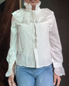 White Ruffled Neckline Long Sleeve Top
