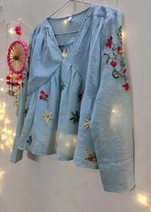 Embroidered Blue V-Neck Peplum Top