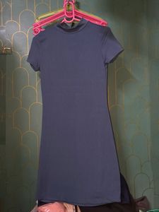 Navy Blue Ribbed Mock Neck Dress