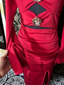 Red Ruched Bodycon Dress with Side Slit
