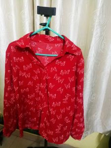 Red Butterfly Print Button-Up Blouse