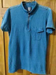 DNMX Vintage Blue Zip-Up Collar T-Shirt