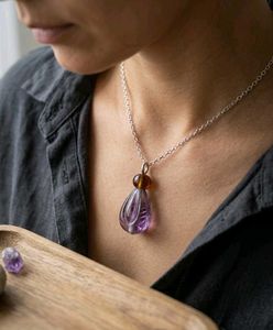 Amethyst & Amber Pendant Necklace with Anti tarnis