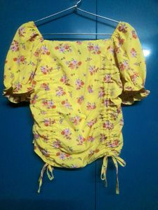 Yellow Drawstring Bow Floral Crop Top summer wear